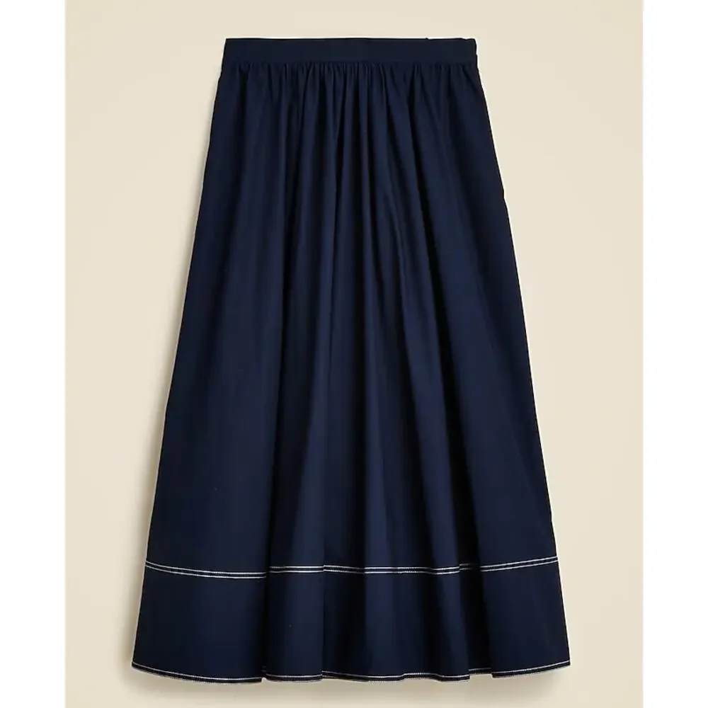 J.Crew Christina Midi Skirt 12T Blue Contrast Stitch Cotton Poplin Elastic Waist